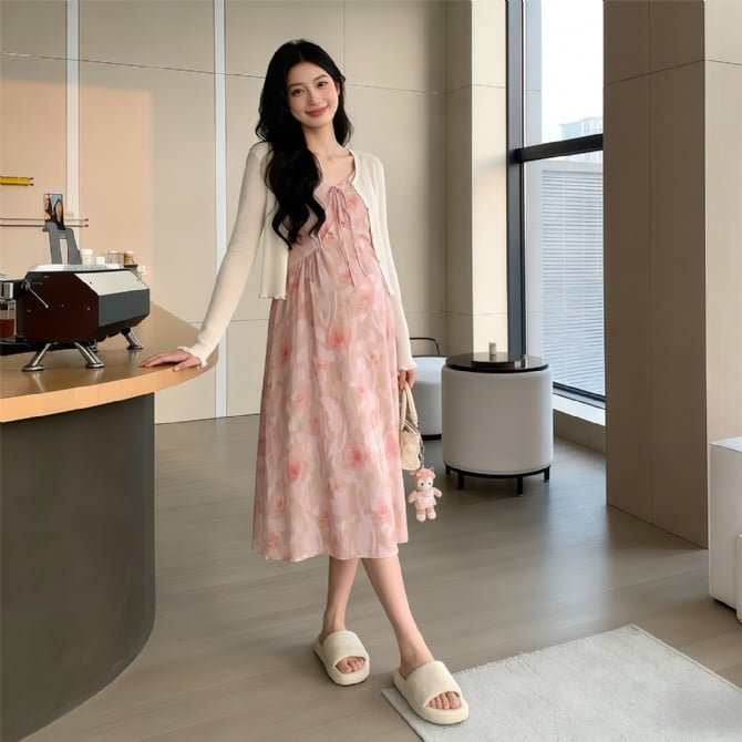 Maternity Fairy Floral Slip Dress Two-Piece Set Loose & Youthful