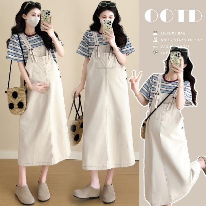 Korean Style Maternity Striped Top + Pinafore Dress Set