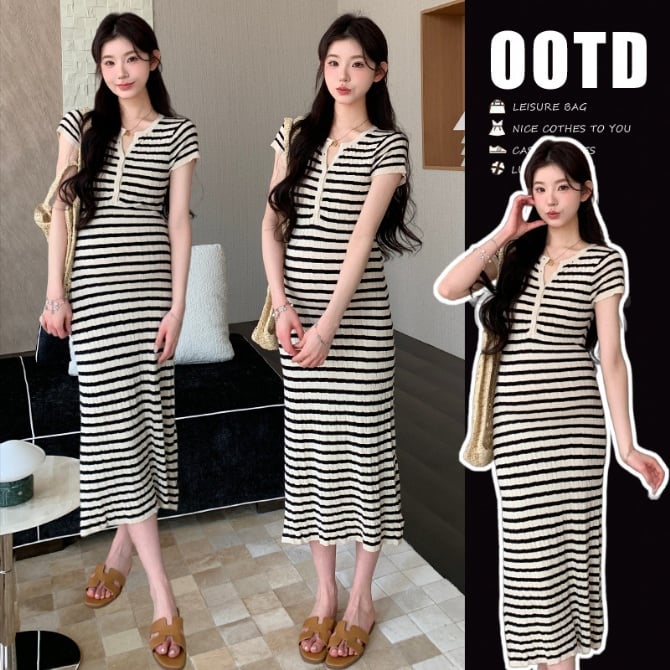Korean Style Maternity Striped Bodycon Maxi Dress Summer