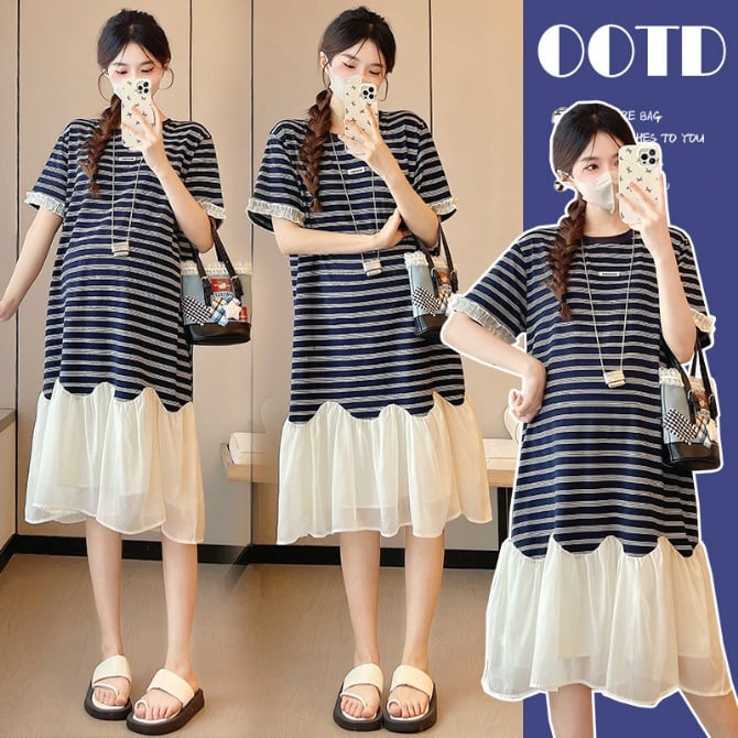French Style Maternity Fake Two-Piece Striped Dress Youthful & Playful