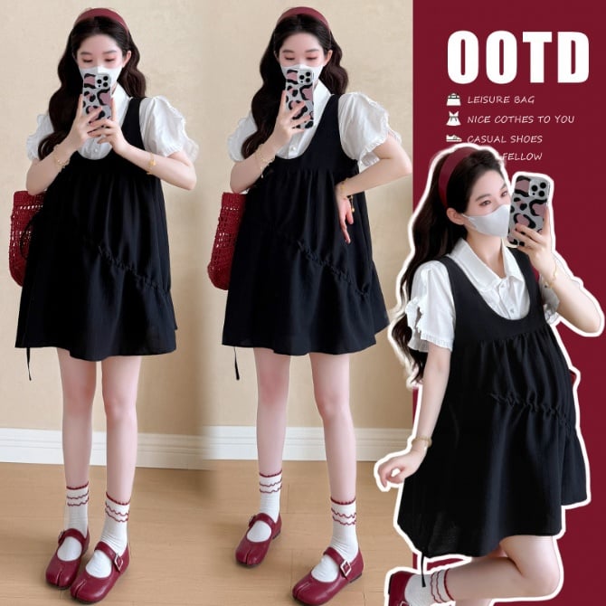French Vintage Preppy Maternity Pinafore Dress + White Shirt Set