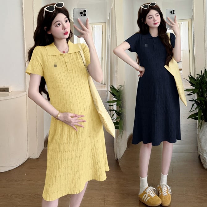 Summer Dress New French Style Polo Collar Cable Knit Dress for Petite Pregnant Women