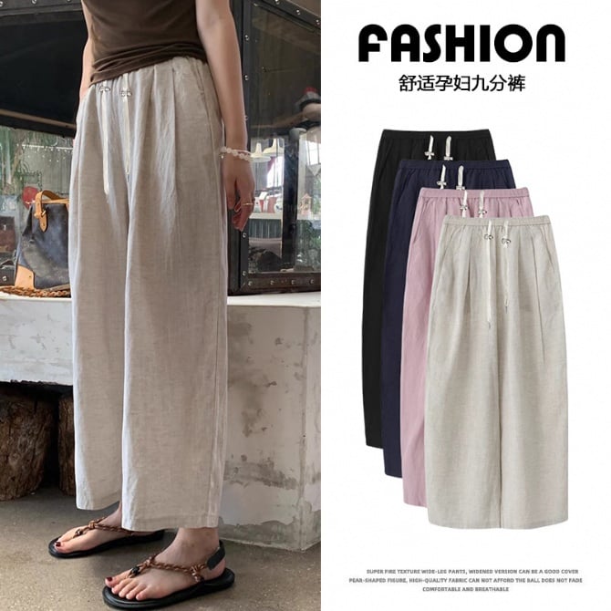 Maternity Summer Pants Cool Tencel Cotton Linen Cropped Drawstring Waist Casual Loose Fit