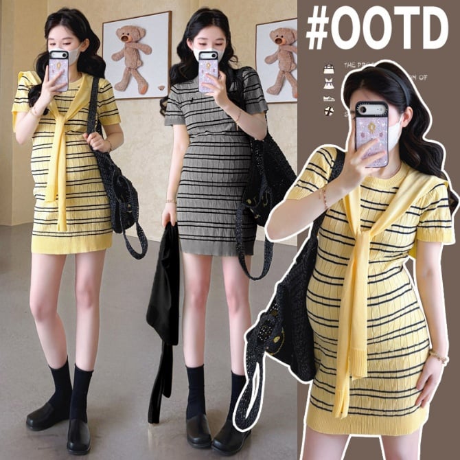 Maternity Summer Korean Style V-Neck Striped Knit Dress Short Sleeve Slim Fit Elegant Midi Dress