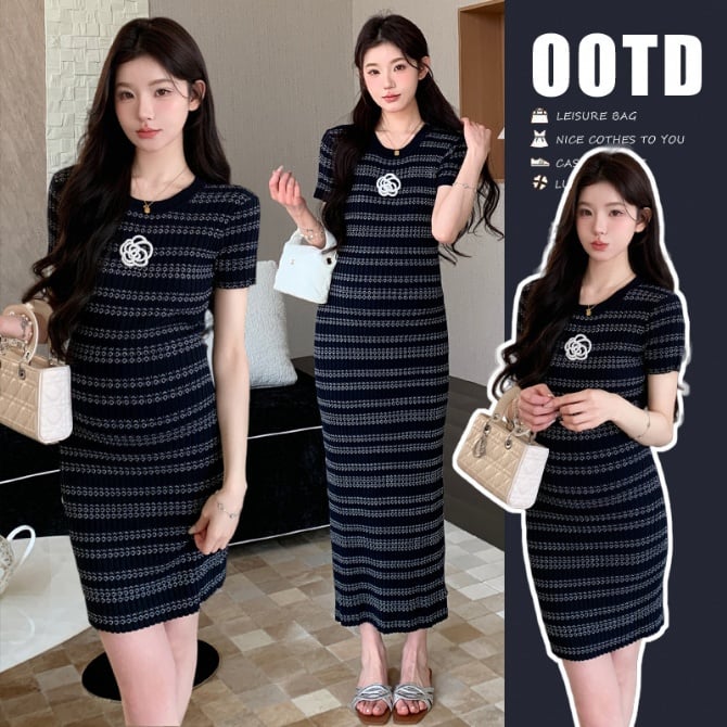 Maternity Summer French Style Knit Striped Dress Elegant Long & Short Length Options