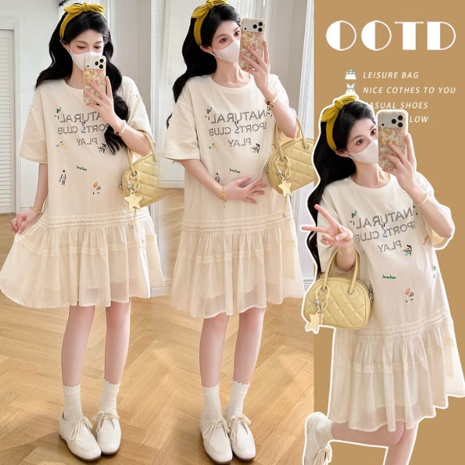 Maternity Embroidered Fashion Dress Round Neck Short Sleeve Slim Fit Elegant All-Match Dress