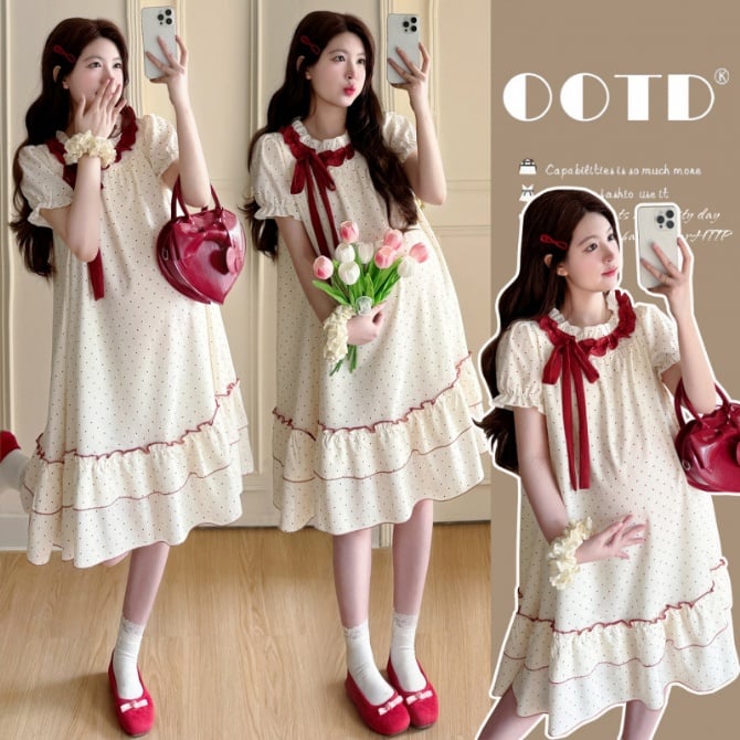 Maternity French Sweet Style Red Bow Polka Dot Babydoll Dress