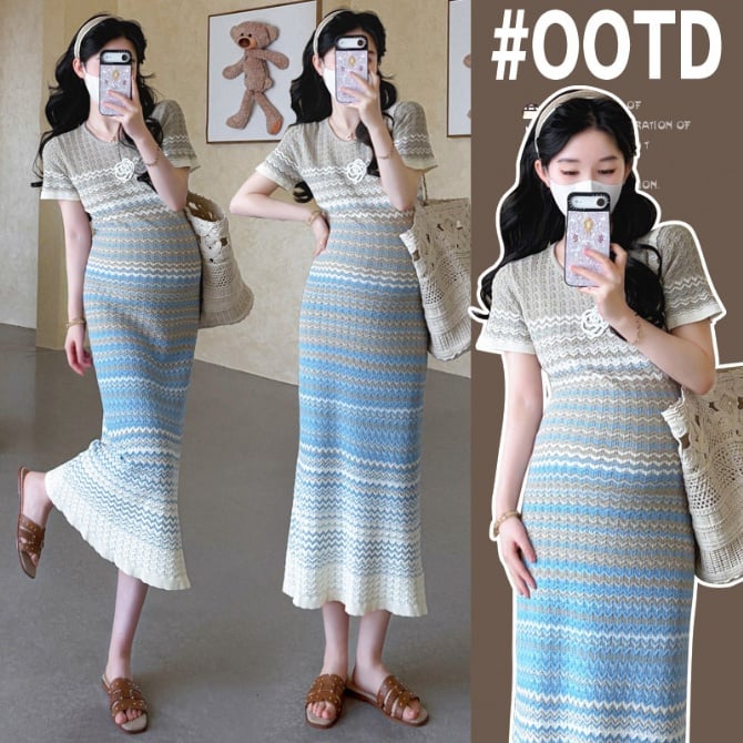 Maternity Slim Fit Knit Striped Dress Mermaid Hem Elegant Maternity Dress