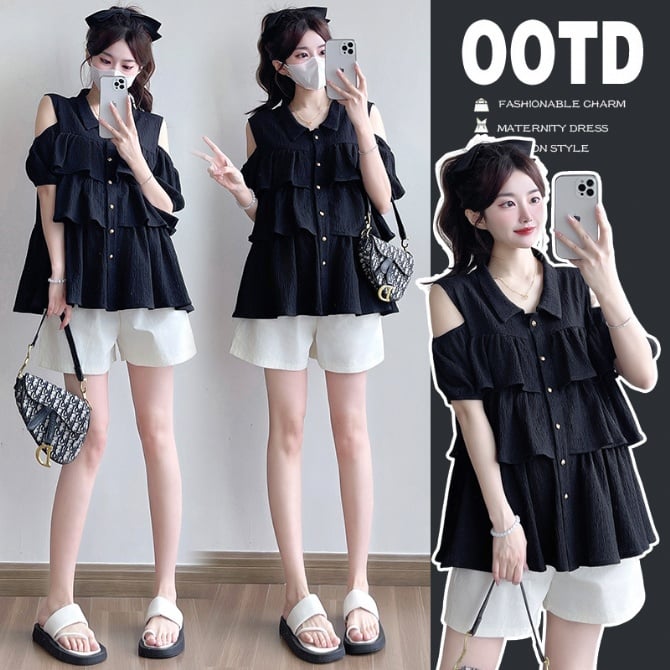 Maternity Off-Shoulder Ruffle Short Sleeve Chiffon Top & Shorts Set