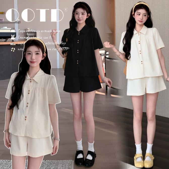 Maternity Summer  Cotton French Doll Collar Top & Toggle Button Shorts Set