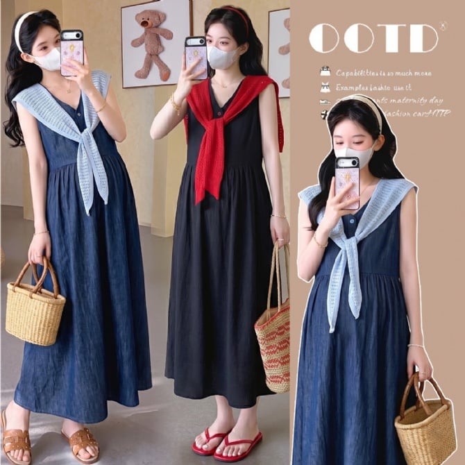 Maternity Summer Dress Korean Style Two-Piece Shawl Set Elegant & Flowy