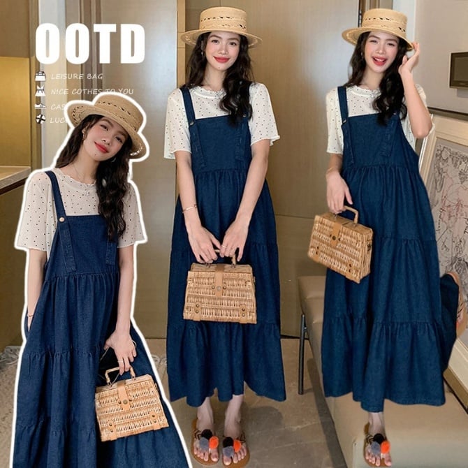 Korean Style Denim Overall Dress + Polka Dot Top Set
