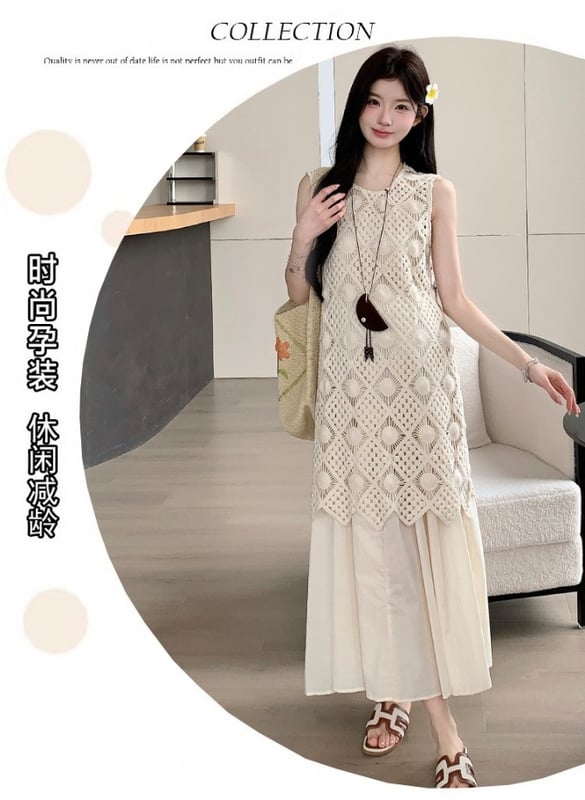 Maternity French Crochet Hollow Tank Dress Two-Piece Set Fashion Long Dress