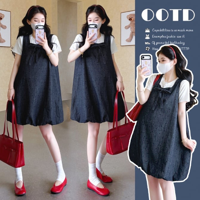 Maternity Summer Petite French Denim Bubble Skirt Two-Piece Set