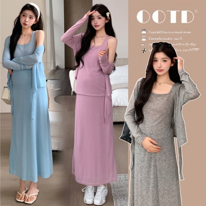 Korean Style Maternity Chic 3-Piece Set Irregular Jacket Tank Top Adjustable Skirt