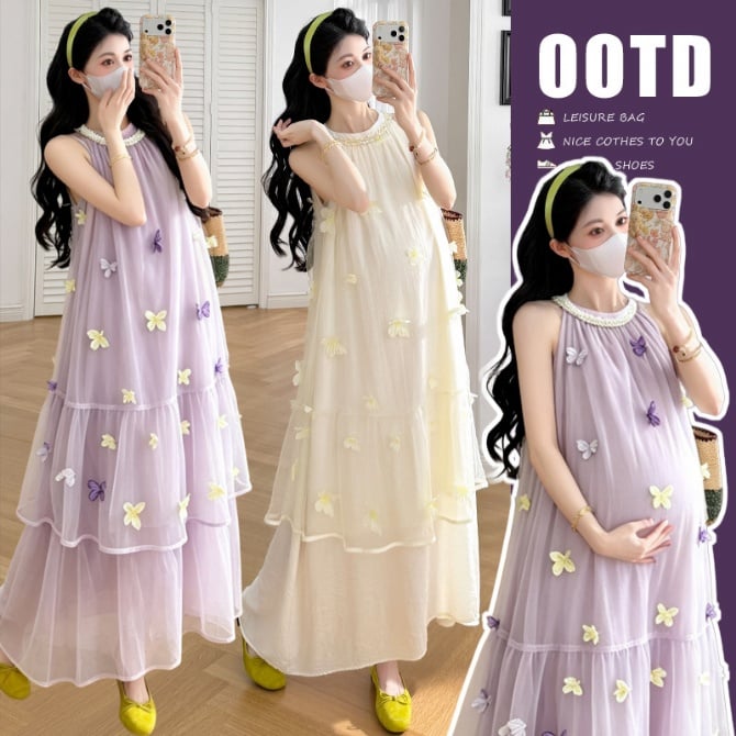 Maternity Embroidered 3D Floral Tulle Maxi Dress – Beach Holiday Sleeveless Fairy Dress