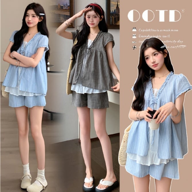 Maternity Lace Patchwork Faux Two-Piece Top + Adjustable Shorts Set
