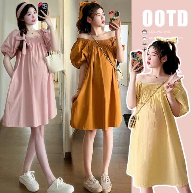 Maternity Korean Style Square Neck Loose Short Dress