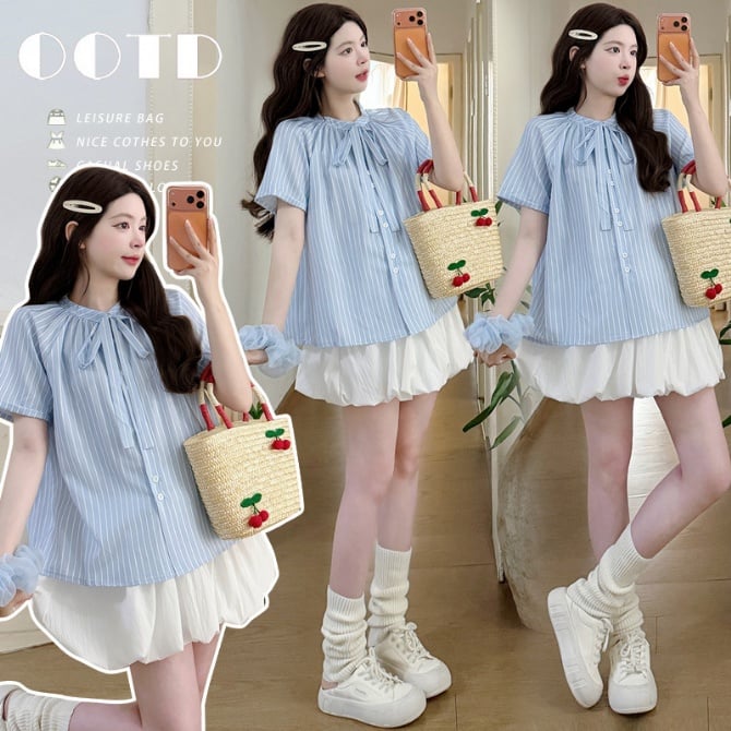 Maternity Striped Doll Shirt Set – Top & Skirt Outfit