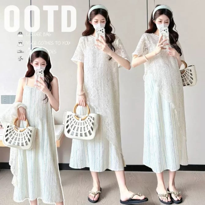 Maternity New Fashion Two-Piece Set – Irregular Lace Top + Floral Maxi Dress