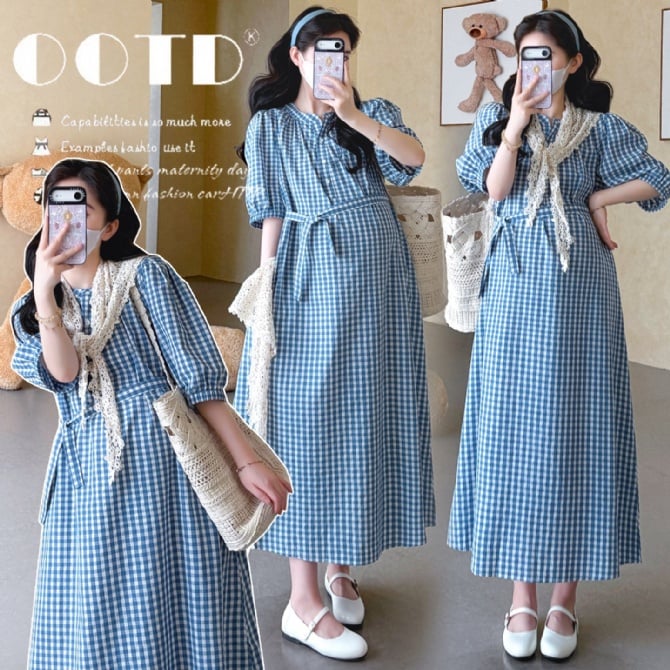 Summer French Retro Plaid Maternity Dress
