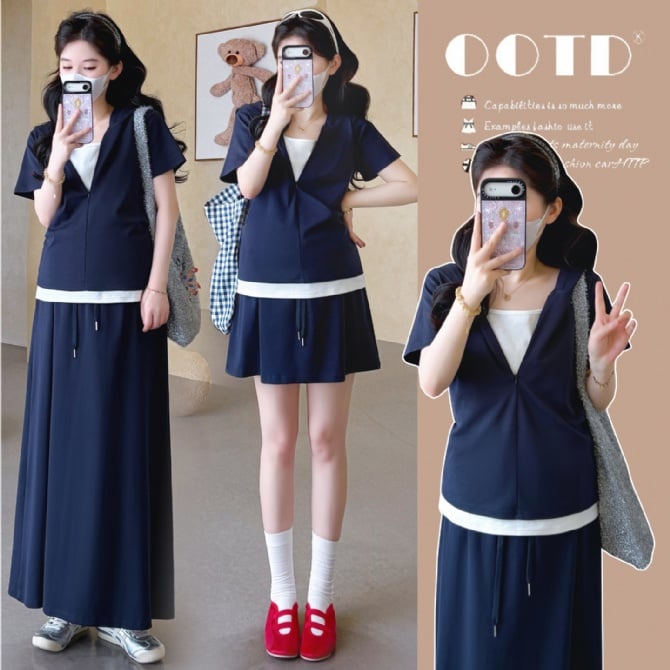 Korean Style Maternity Two-Piece Set – Hooded Top & Adjustable Skirt