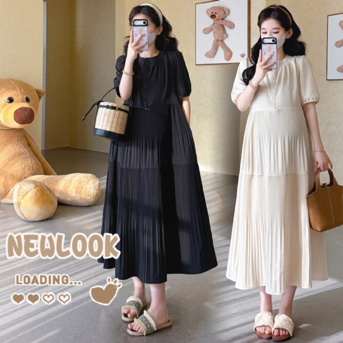 Summer Loose Pleated Round Neck Maternity Dress