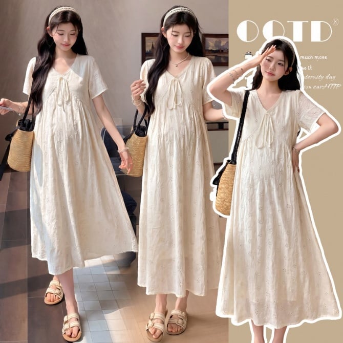 Maternity Dress – Hollow Embroidery V-Neck Slim Fit Comfortable Style