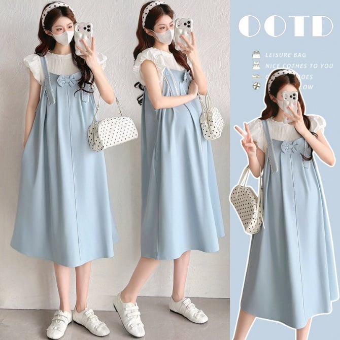 Maternity Bow Dress Two-Piece Set, Loose Fit Summer Outfit