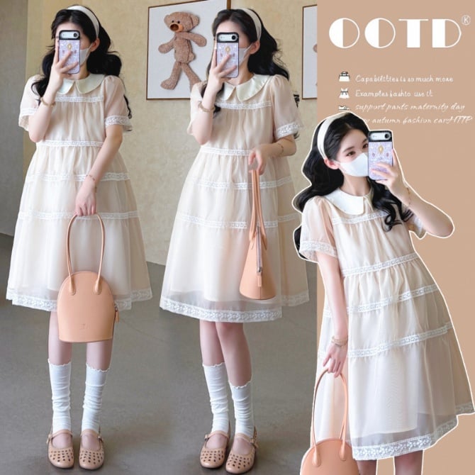 Korean Style Maternity Dress with Doll Collar and Lace Puff Sleeves