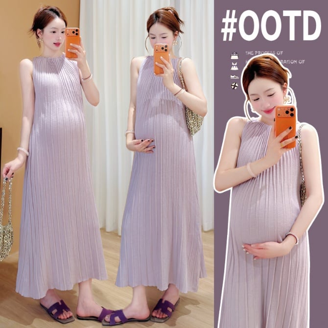 Korean Style Maternity Dress Set, French-Inspired Tencel Knit Vest Pleated Dress