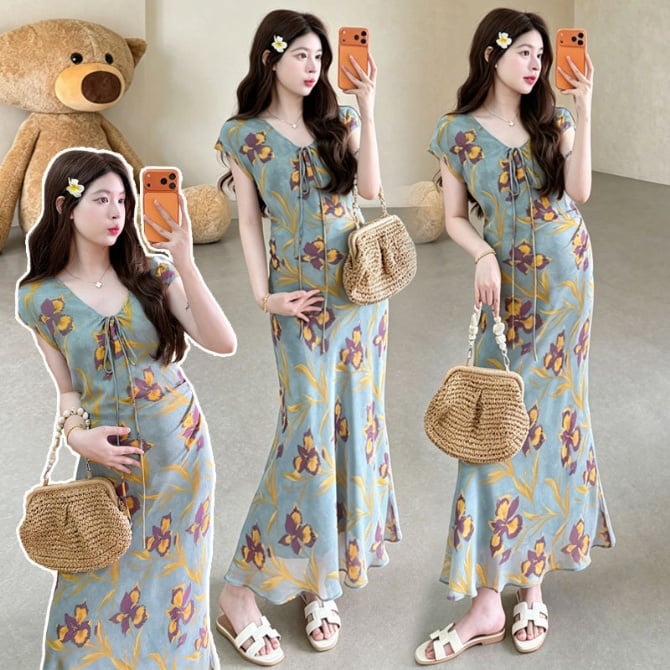 Printed Maternity Tie-Waist Mermaid Dress