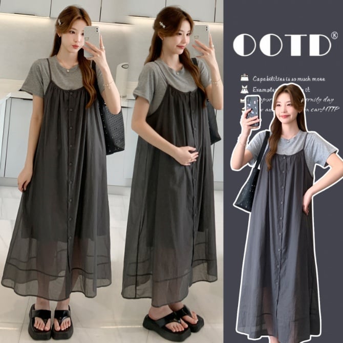 Korean Style Maternity Two-Piece Set, Loose Fit Casual Mid-Length Outfit