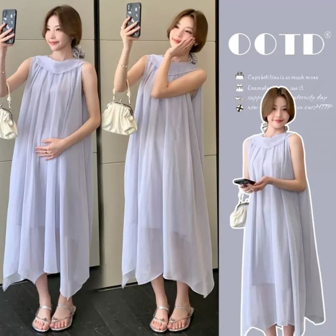 French Style Blue Tencel Maternity Long Dress, Soft & Elegant Summer Dress