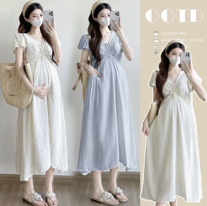 Polka dot bubble sleeve nursing dress
