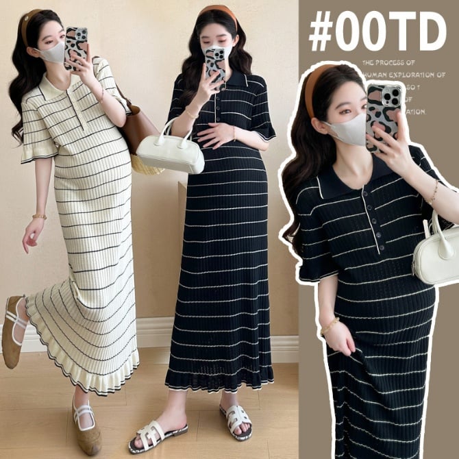 French Striped Polo Collar Maternity Dress