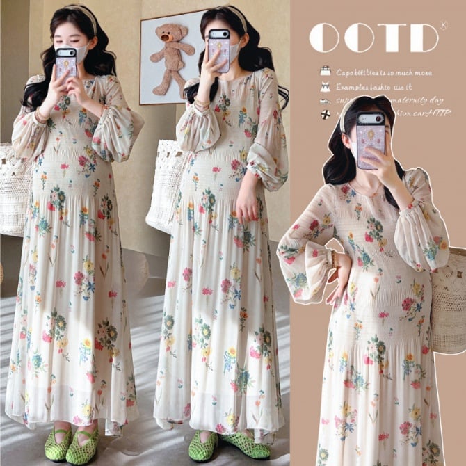 French Pastoral Printed Chiffon Maternity Dress
