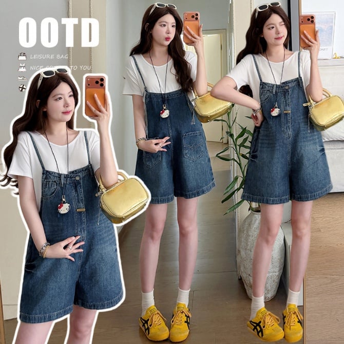 Korean Style Reversible Denim Maternity Overalls Set