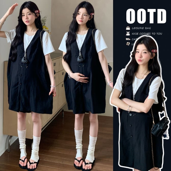 Maternity Overalls Shorts Set (Sleeveless + T-Shirt)