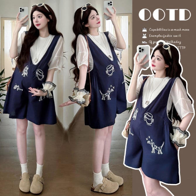 Color-Block Embroidered Maternity Overalls Set
