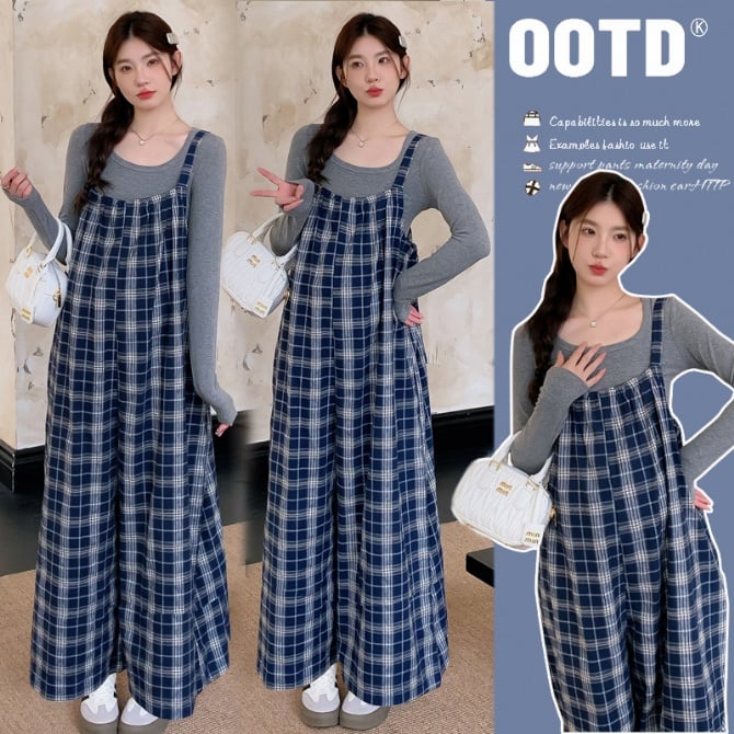 Plaid Maternity Overalls Two-Piece Set