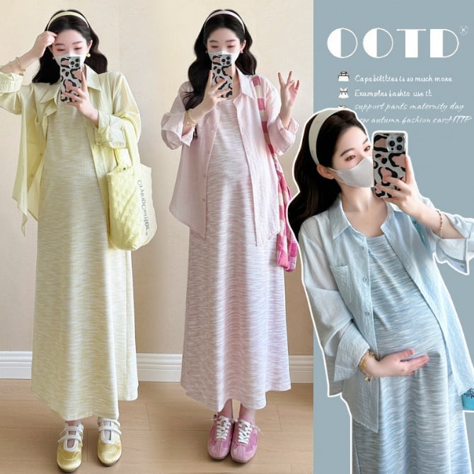 Maternity Summer Ice Silk Stripe Dress Set – 2-Piece Outfit