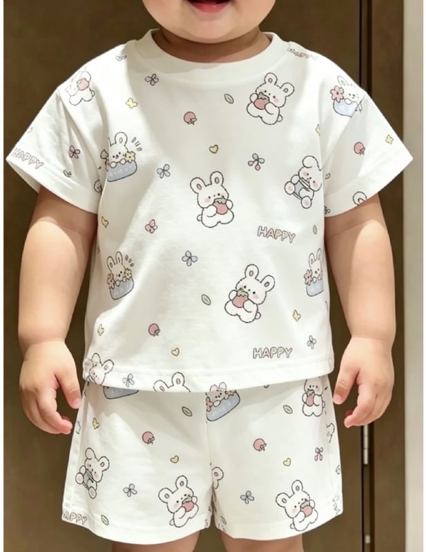 Kids Summer Cartoon Rabbit Print T-Shirt & Shorts 2-Piece Set