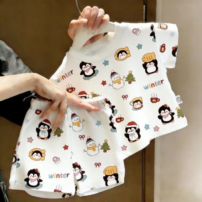 Kids Summer Cartoon Cute penguin print  T-Shirt & Shorts 2-Piece Set