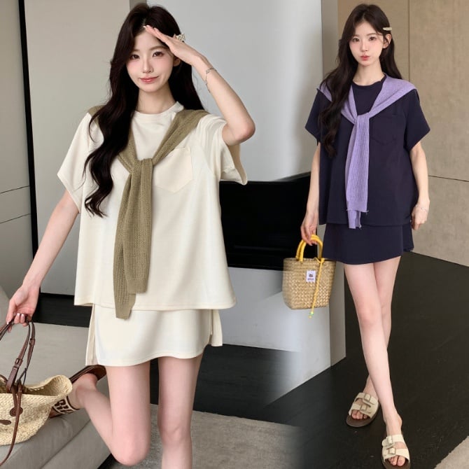 Maternity Two-Piece Set – Casual Short Sleeve T-Shirt & Skirt Shorts