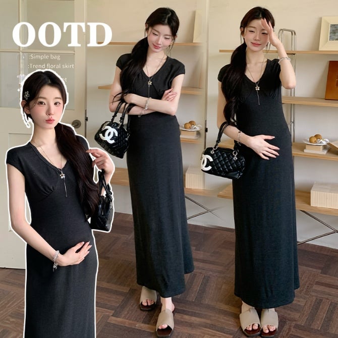French Style V-Neck Maternity Dress