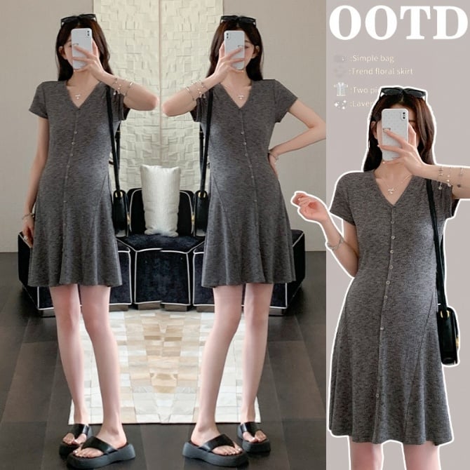 Summer Maternity French V-Neck Knit Dress