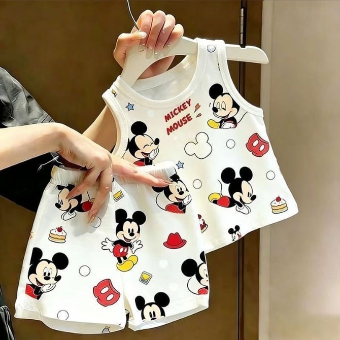Summer cartoon cute unisex kids baby cute print sleeveless vest tshirt +shorts two piece