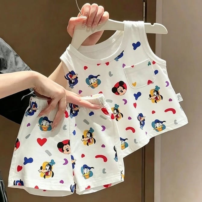 Kids Summer Cartoon Print cute sleeveless T-Shirt & Shorts 2-Piece Set