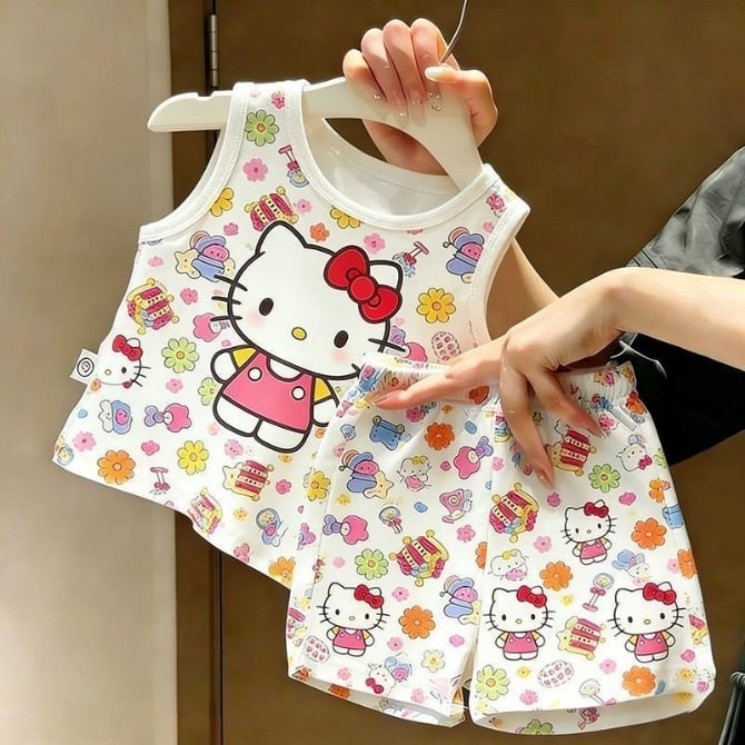 Girl summer cartoon baby cute all-over print sleeveless tank top +shorts two piece set